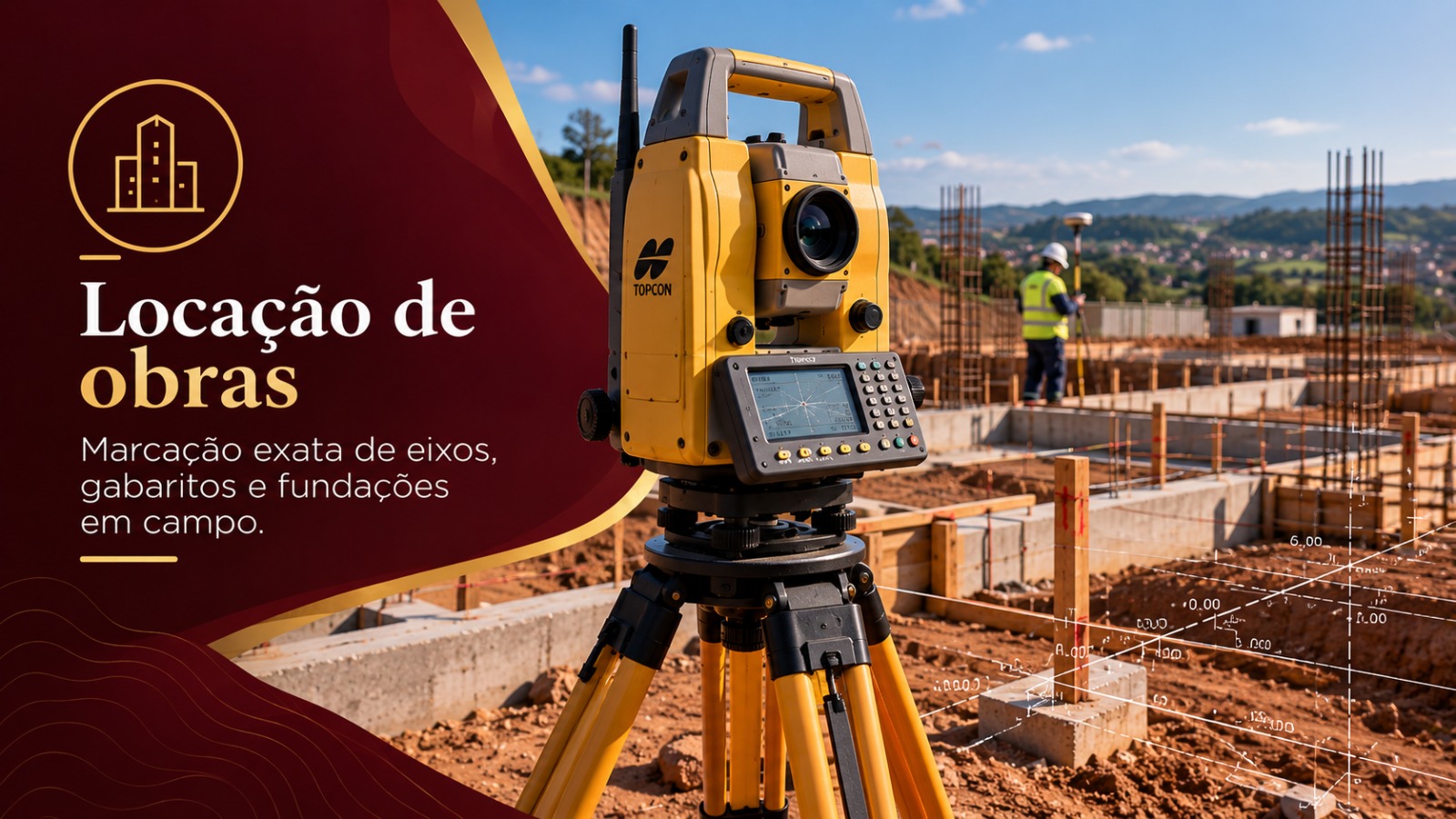 Locação de obras — Marcação exata de eixos, gabaritos e fundações em campo.