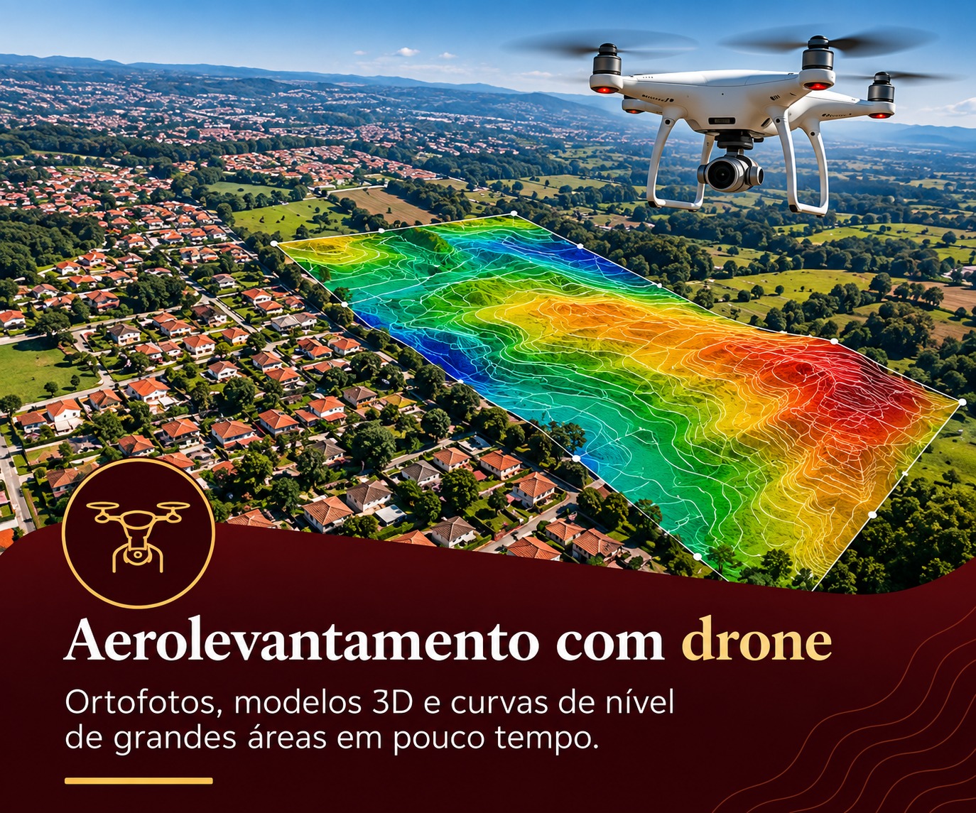 Aerolevantamento com drone — Ortofotos, modelos 3D e curvas de nível de grandes áreas em pouco tempo.