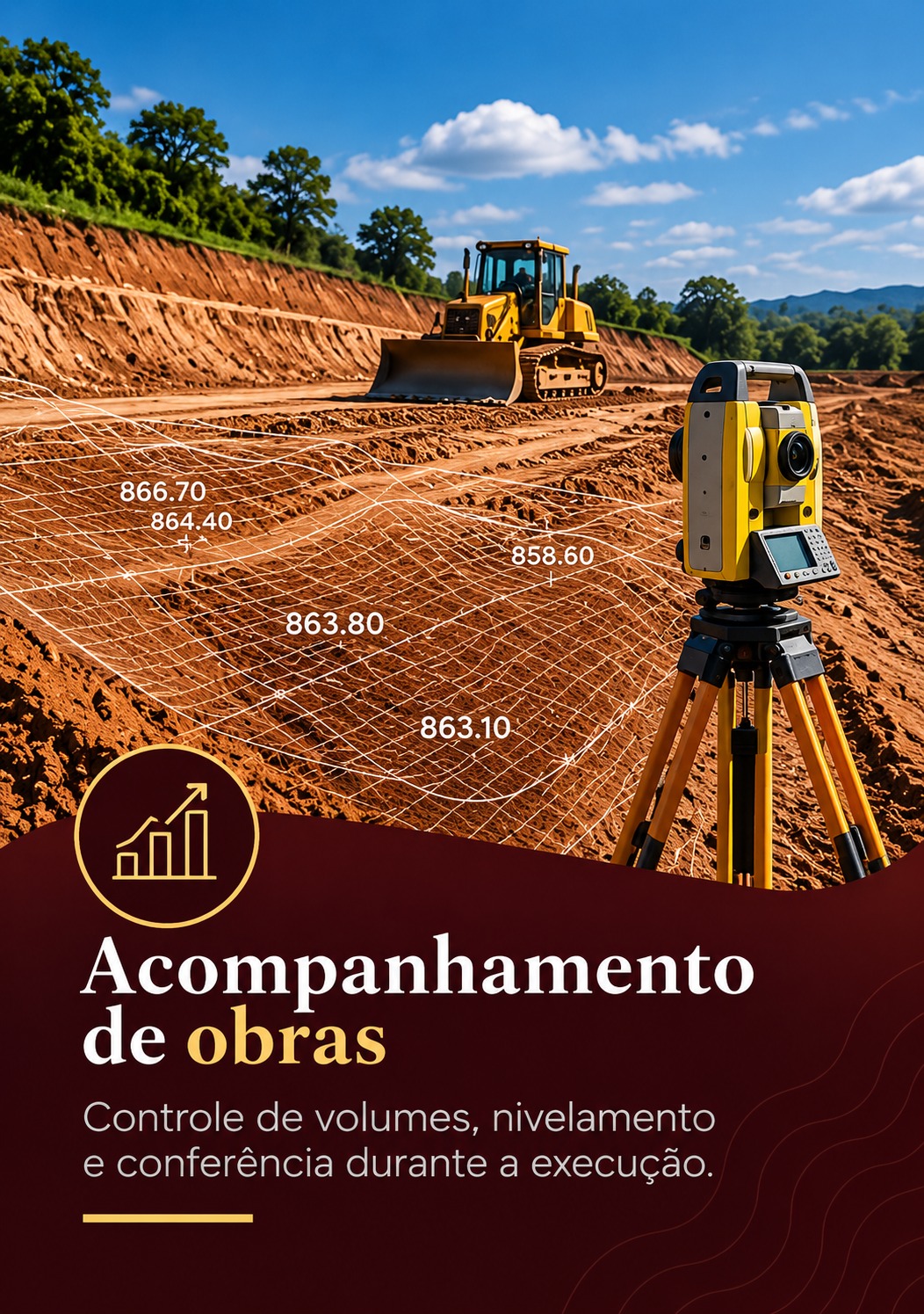 Acompanhamento de obras — Controle de volumes, nivelamento e conferência durante a execução.